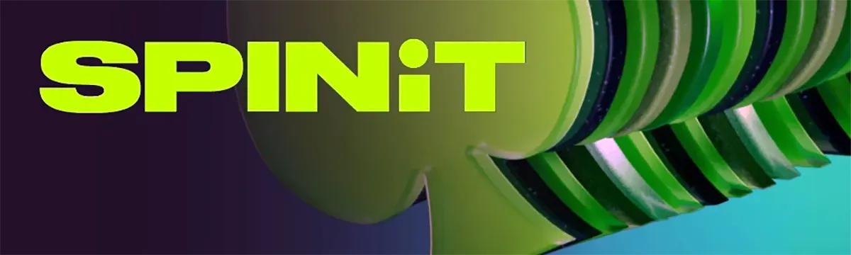 Spin It logo with a vibrant green and purple gradient background, featuring bold, stylized lettering of the brand name 'SPINiT'.