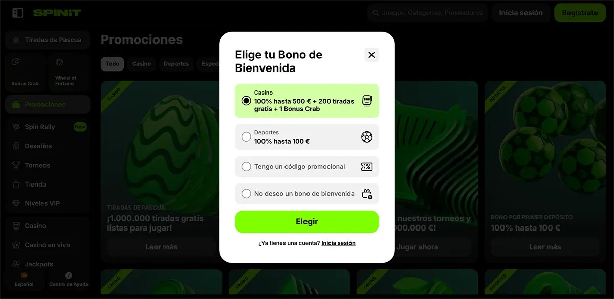 Spanish casino welcome bonus selection popup with options for a casino bonus, sports bonus, promo code, or no welcome bonus, plus a bright green “Elegir” button over a darkened promotions page.