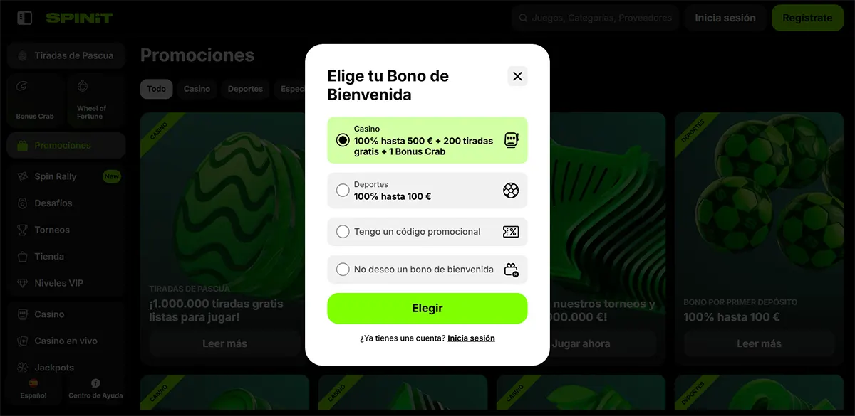 Spanish casino welcome bonus selection popup with options for a casino bonus, sports bonus, promo code, or no welcome bonus, plus a bright green “Elegir” button over a darkened promotions page.
